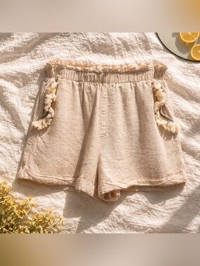 Lost in Lunar Beige Linen Fringe Shorts Size S High Waist | Elastic | Lined